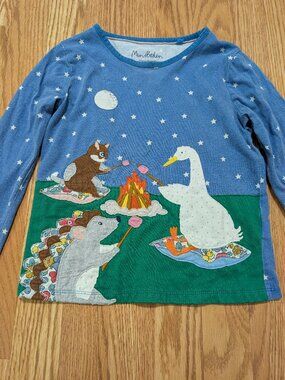 Mini Boden Navy Blue and Green Campfire Animal Appliqué Top Size 7/8